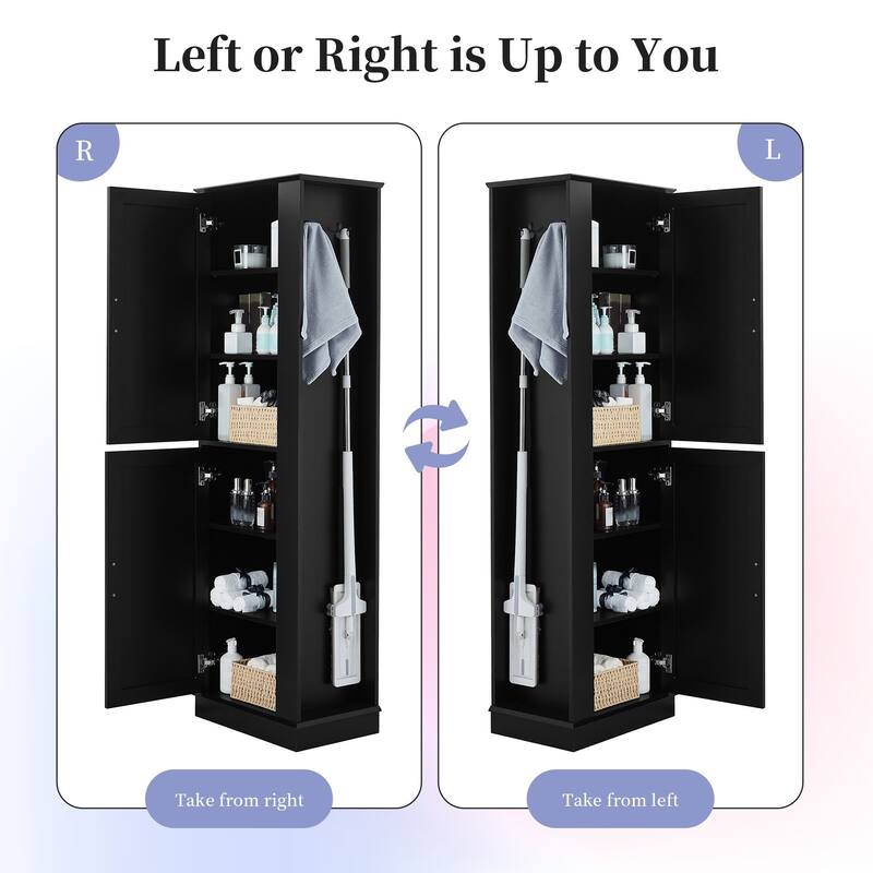 68-Inch Tall Bathroom Storage Cabinet with 2 Doors, Adjustable Shelves, Side Hooks & Anti-Tip Kit, Freestanding Organizer, Black