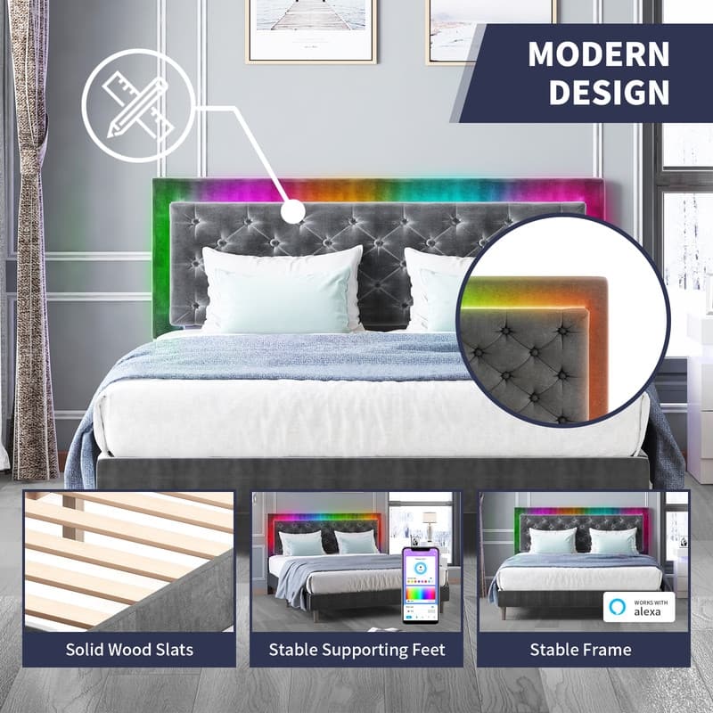 Mixoy Velveteen RGB LED Bed Frame with Button Tufted Adjustable Headboard