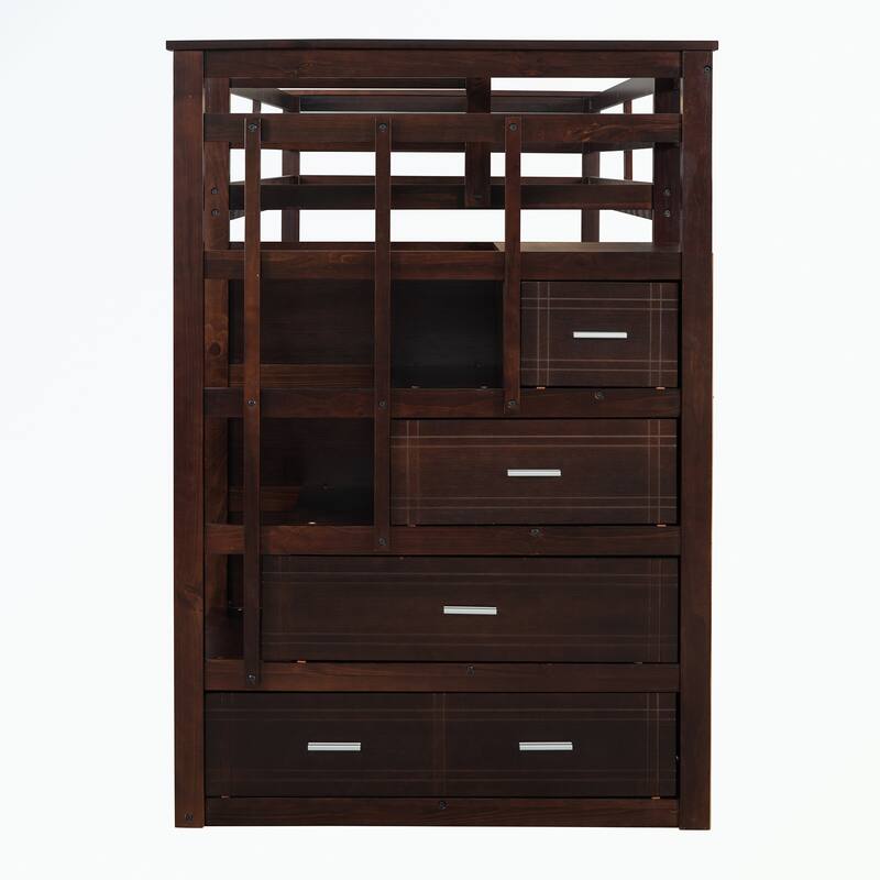 Hardwood Twin Over Twin Bunk Bed with Trundle and Staircase