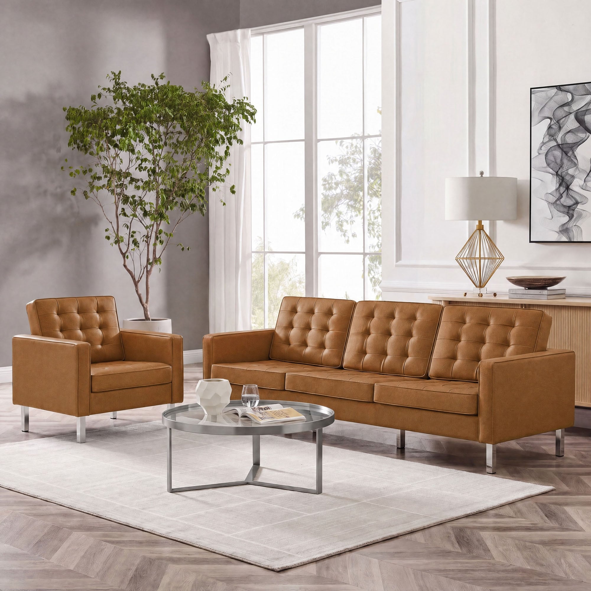 Loft Tufted Upholstered Faux Leather Sofa and Armchair Set
