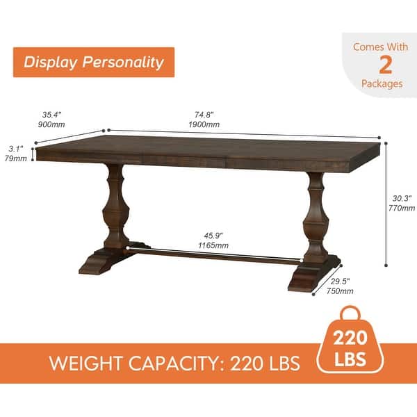 dimension image slide 1 of 2, 74.8-inch Long Vintage Farmhouse Dining Table for 6-8 People,Sturdy Wooden Frame,Solid Wood Double Pedestal Legs