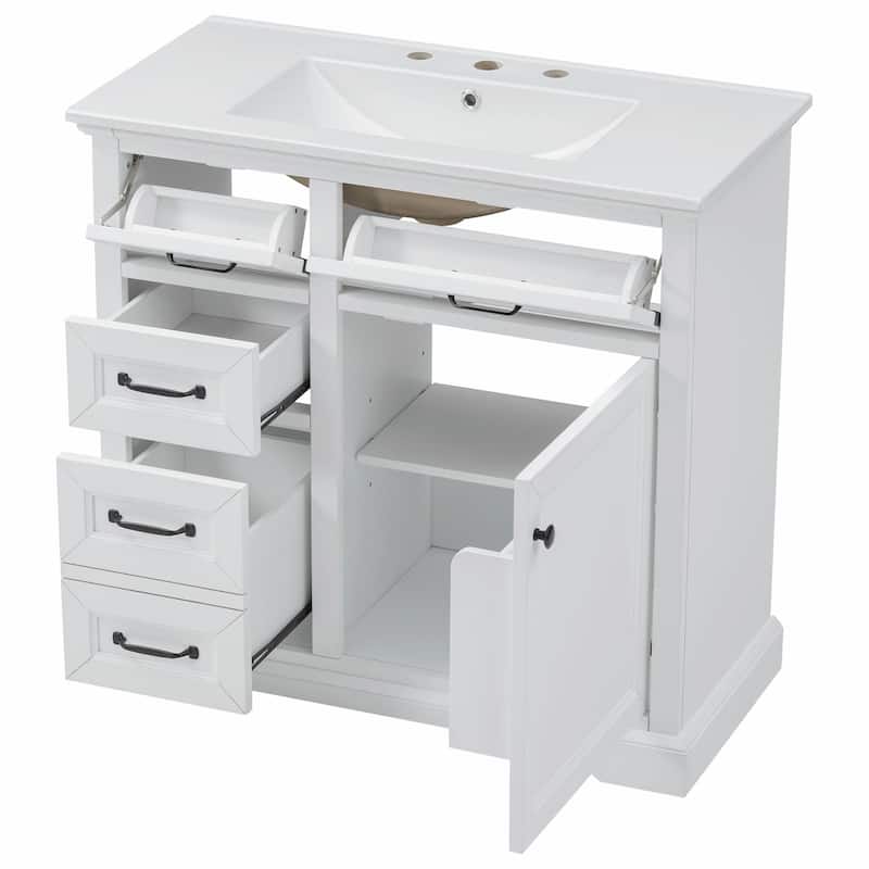 36-Inch Bathroom Vanity with Ceramic Sink Top - 4 Drawers and 1 Soft-Close Door