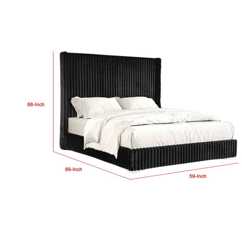Wolo Full Bed, Black Fur Chenille Ribbed Upholstery, Wing Headboard