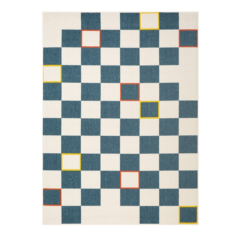 Sevita Checkered Bohemian Polypropylene Area Rug - 5' x 7' - Navy/White