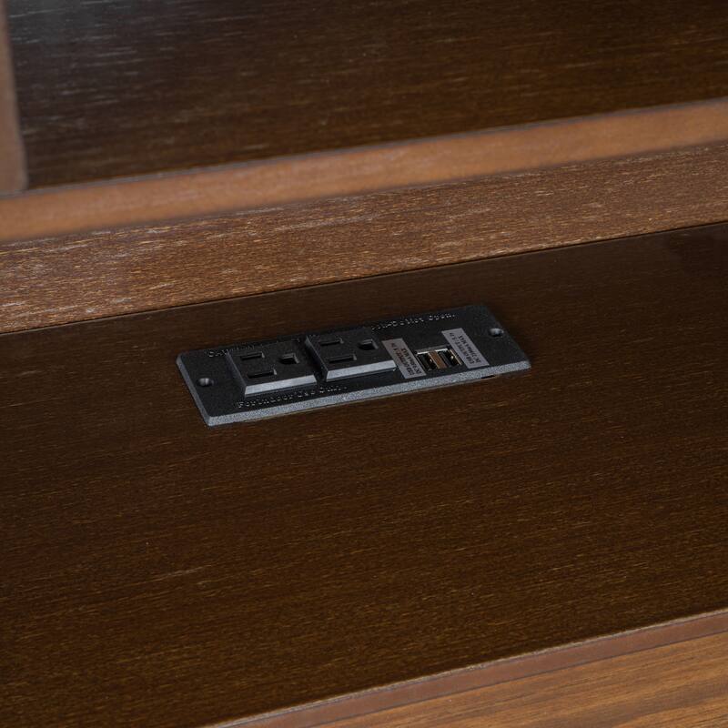 King Size Wood Platform Bed with Storage Headboard, USB Ports, and Drawers in Antique Wood Finish