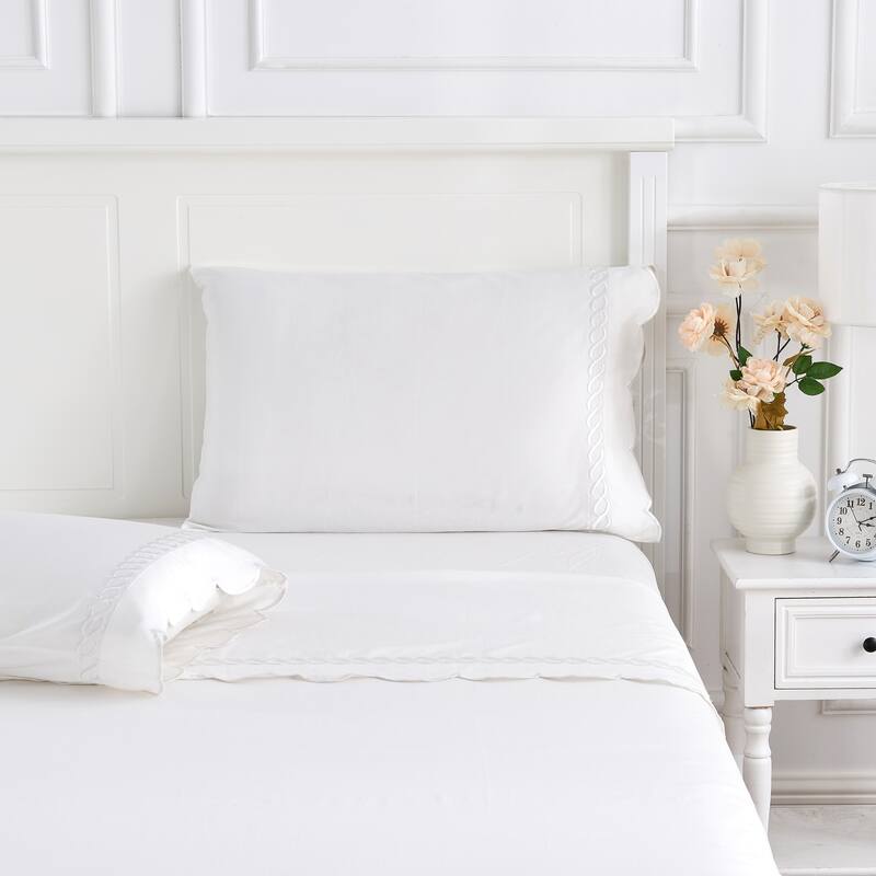 Home Sweet Home Collection 600TC Cotton Scallop Rope Embroidery Sheet Set & Pillowcases - 3pcs Twin Set - White