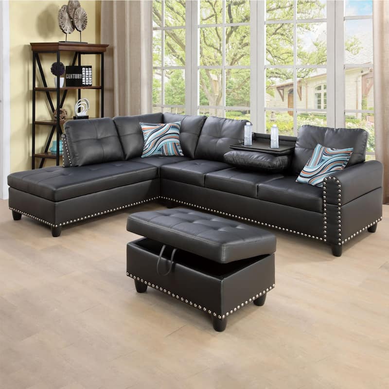 Black Faux Leather Synthetic Leather 3-Piece Sofa Set - Black