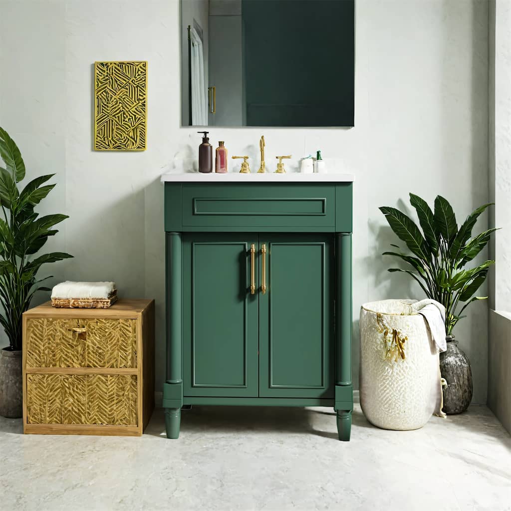 24" Bathroom Vanity with Ceramic Sink - Compact Storage Cabinet, 2 Doors, Space-Saving Design for Small Bathrooms