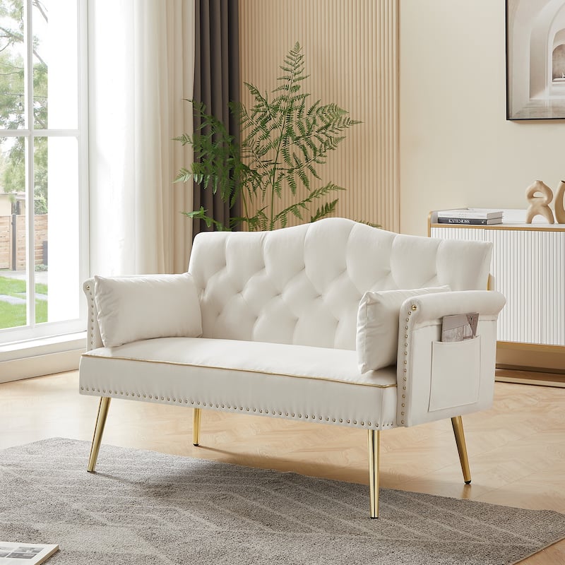 Velvet Loveseat Tufted Couch with 2 Pillow Upholstered Deep Seat Sofa Rivet Arm Lounge Couch Living Room 2 Seater Couch