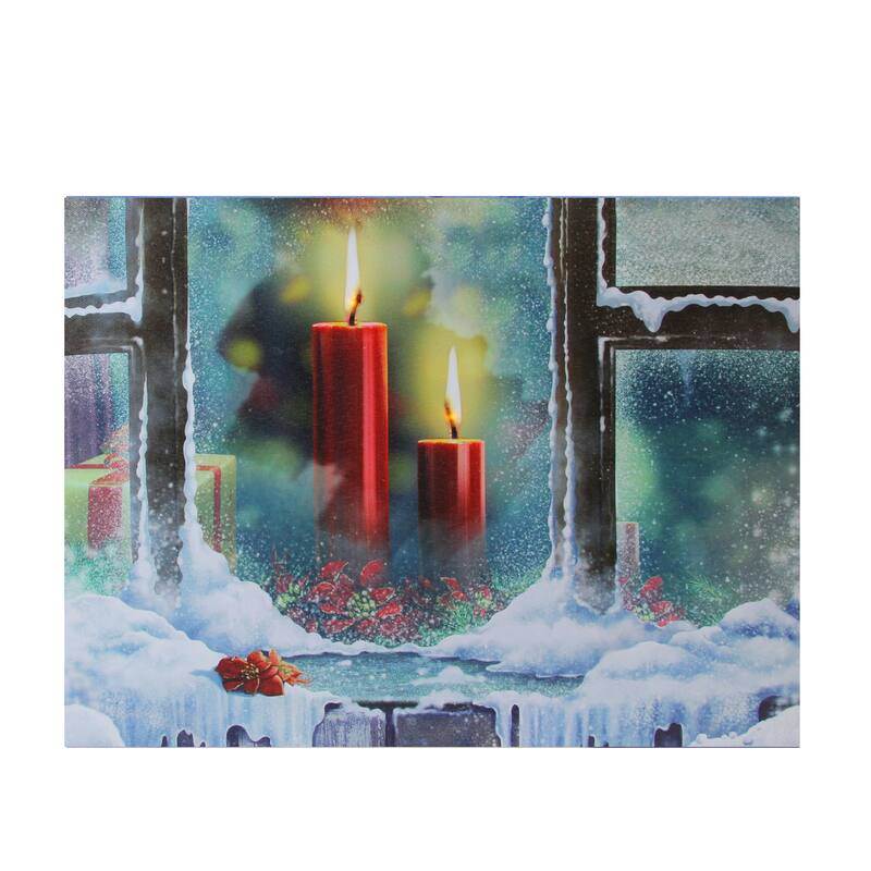 LED Lighted Snowy Window Candles Christmas Canvas Wall Art 12 x 15.75