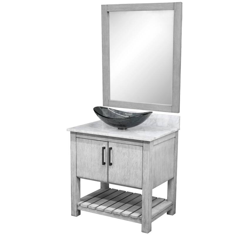 Miseno MV-30SG-NOBV-CAR-324G-MIR 30" Free Standing Single Basin Vanity - Stonewash Grey / Carrara White Top / Matte Black