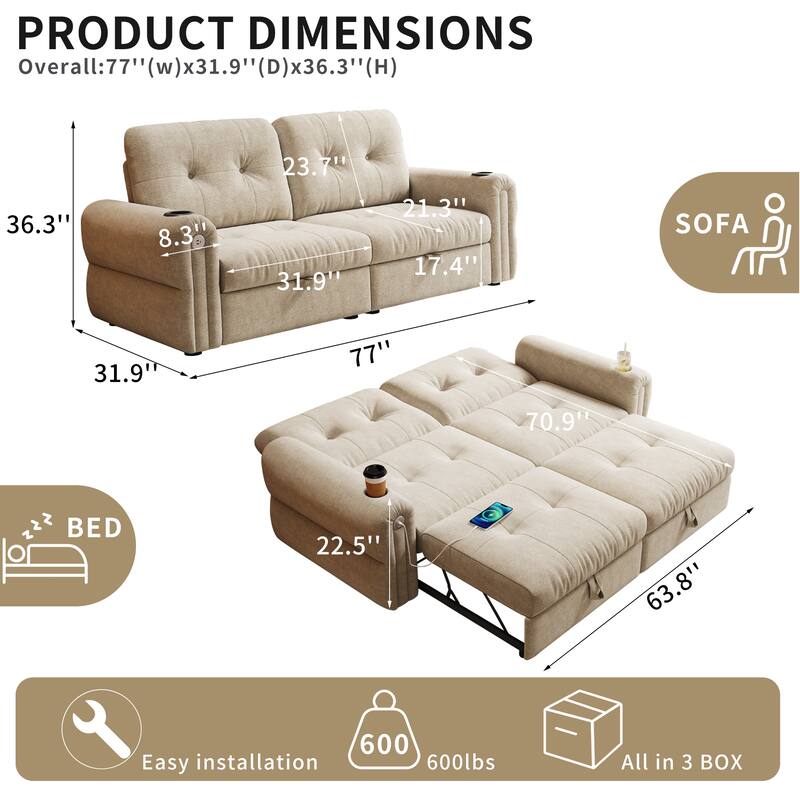 GDFStudio - Chenille Convertible 2-Seater 80.4" Sofa Bed