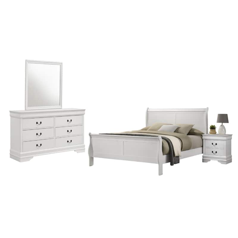 Nim 4pc Queen Bedroom Set, Sleigh Panel Design, White Okume Veneer