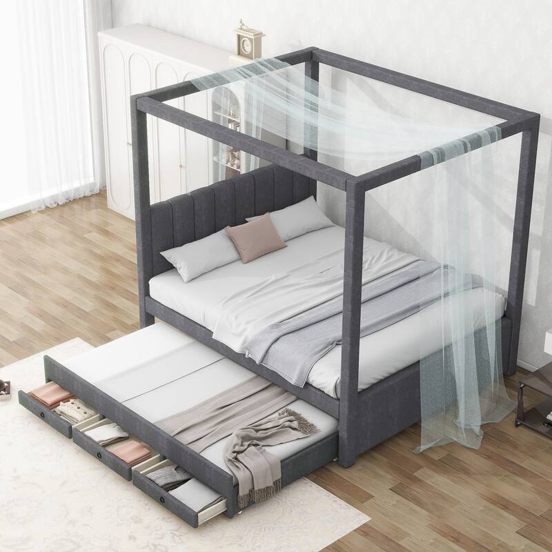 Twin/Full Size Upholstery Canopy Platform Bed with Trundle and Three Storage Drawers
