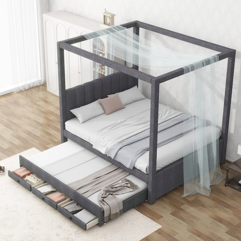 Upholstery Canopy Platform Bed with Trundle and Three Storage Drawers for Bedroom
