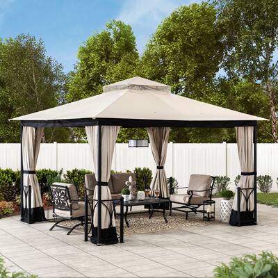 Sunjoy 11 ft. x 13 ft. Beige and Black Steel Gazebo with 2-tier Hip Roof