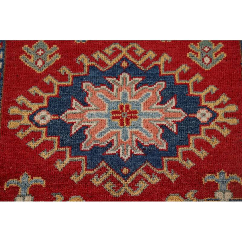 Kazak Oriental Runner Rug Hand-Knotted Red Geometric Wool Carpet - 2'8" x 9'9"