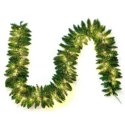 9 ft. Tall Green Plastic Prelit Artificial Christmas Garland with 50 LED Lights
