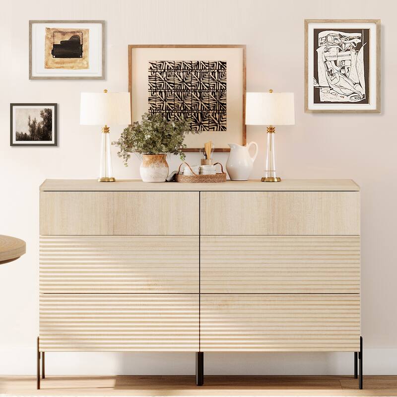 WAMPAT Fluted Dresser for Bedroom with 6 Drawers - Beige - 6-drawer