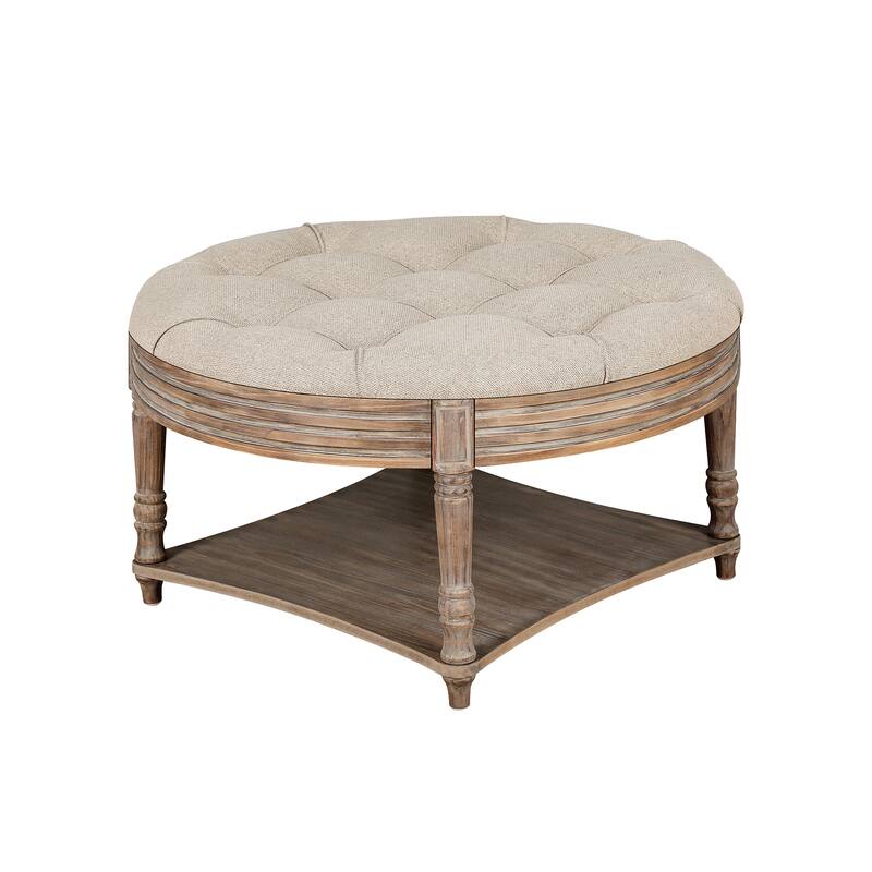 Large Round Coffee Table and Tufted Ottoman with Wooden Shelf Storage - 31.49'' x 31.49'' x 18.5''