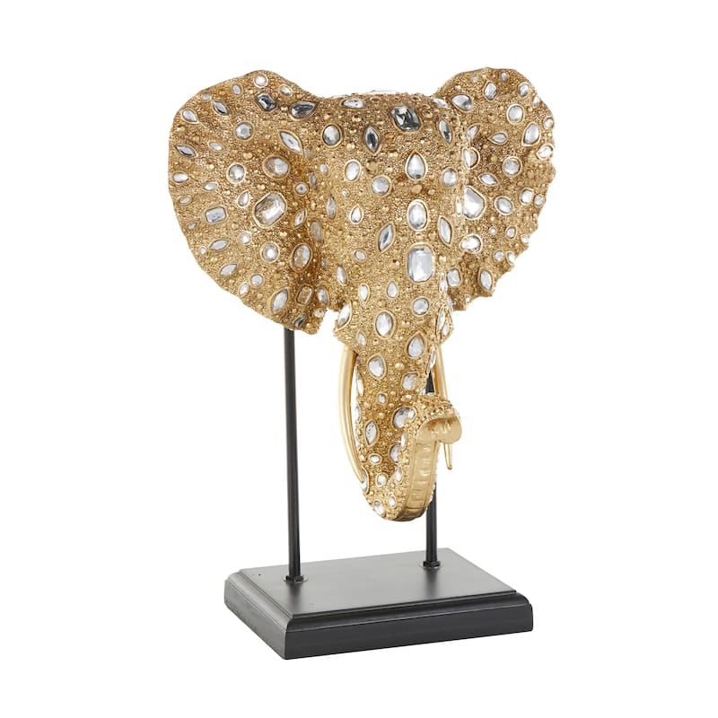 Gold Resin Beaded Elephant Decorative Sculpture with Rhinestone Accents and Black Metal Stand