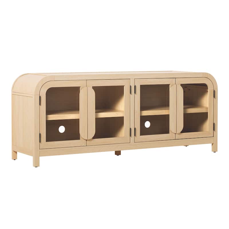 Walker Edison Modern Curved Easy Assembly TV Stand with Glass Paneled Doors - 70" W x 18" D x 28" H - Coastal Oak