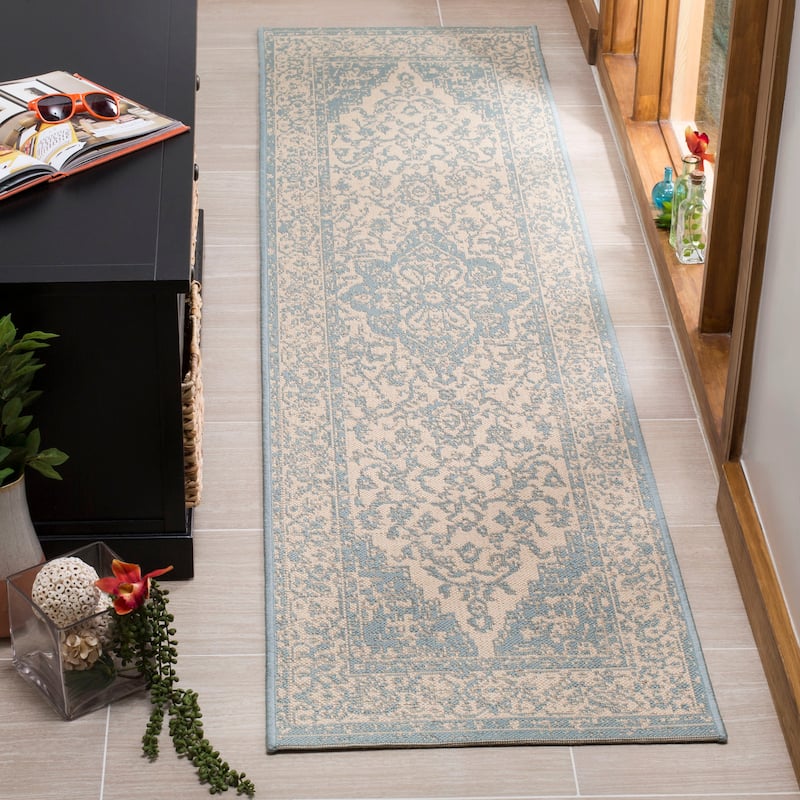SAFAVIEH Linden Louann Indoor/ Outdoor Waterproof Patio Backyard Rug - 2'2" x 8' Runner - Cream/Aqua