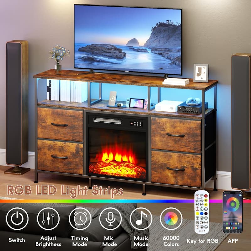 BOSSIN Fireplace TV Stand & Entertainment Center with LED Lights, 4 PU Leather Drawers, Open Shelves, and Built-in Power Outlets