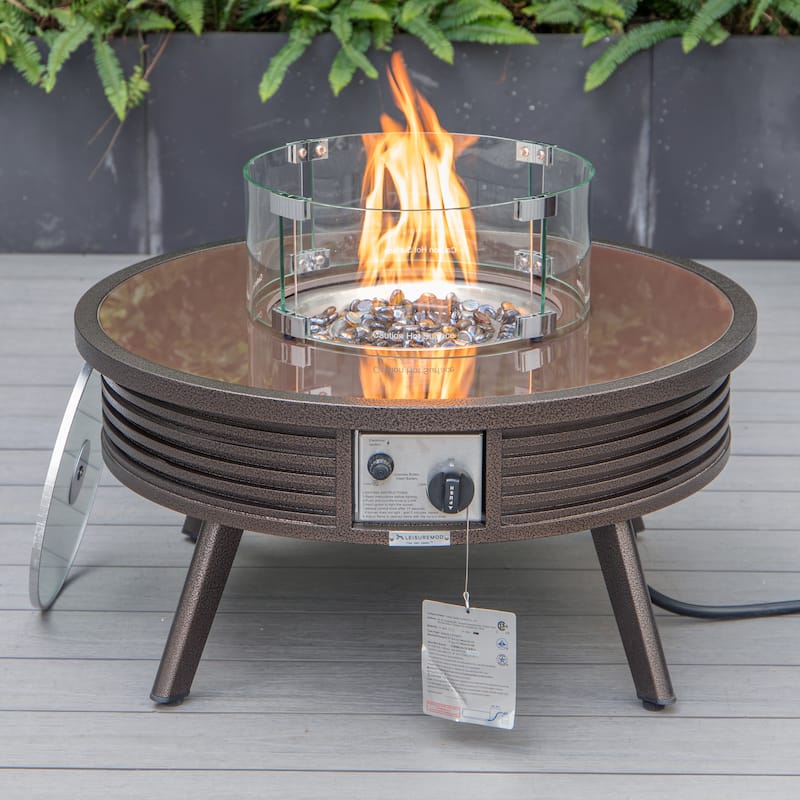 Walbrooke Modern Round Aluminum Frame Fire Pit Table with Powder-Coated Finish, CSA-Certified, and Tempered Glass - 29