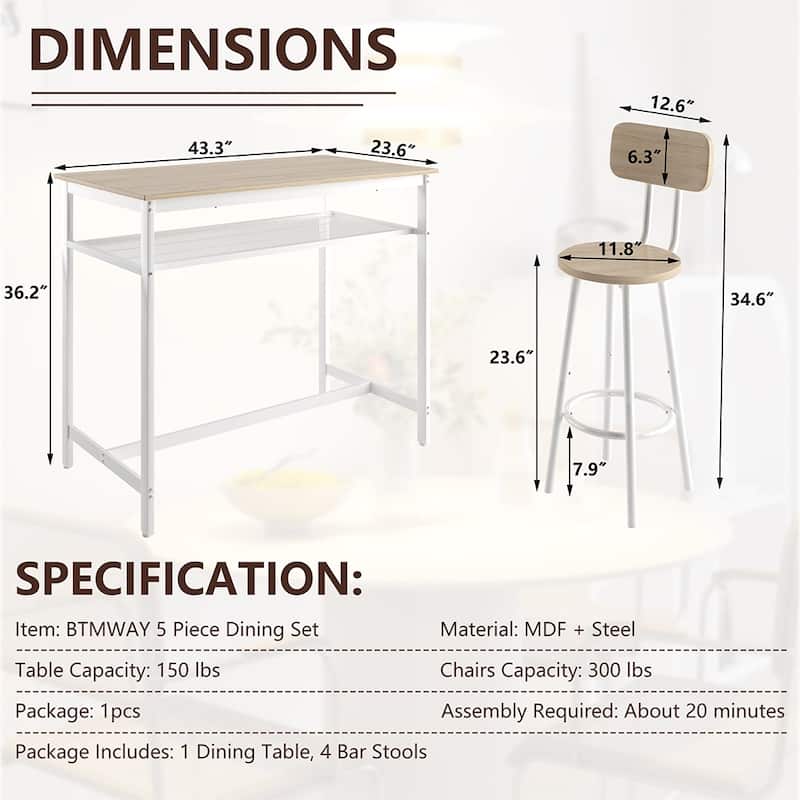 5-Piece Industrial Dining Table Set with Metal Shelf, 4 Bar Stools