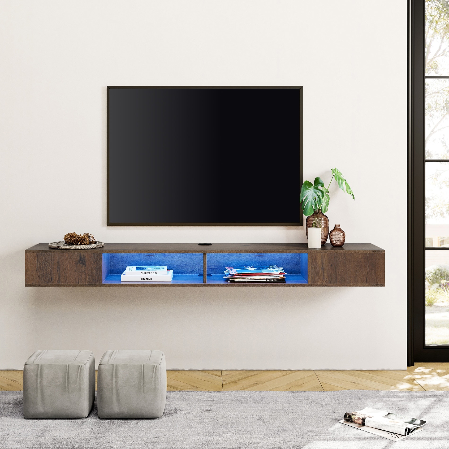 WAMPAT 70 inch Floating TV Shelf for Wall with LED Light for Living Room - 70 inch