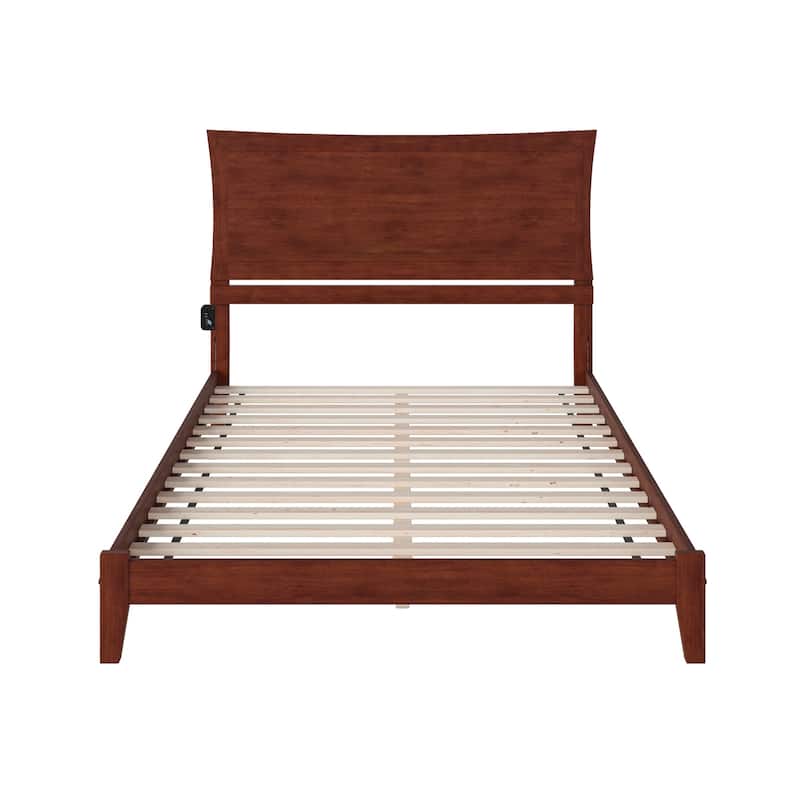 Low Profile Platform Bed - Walnut Finish, USB Charging, Hardwood Frame & Wood Slats