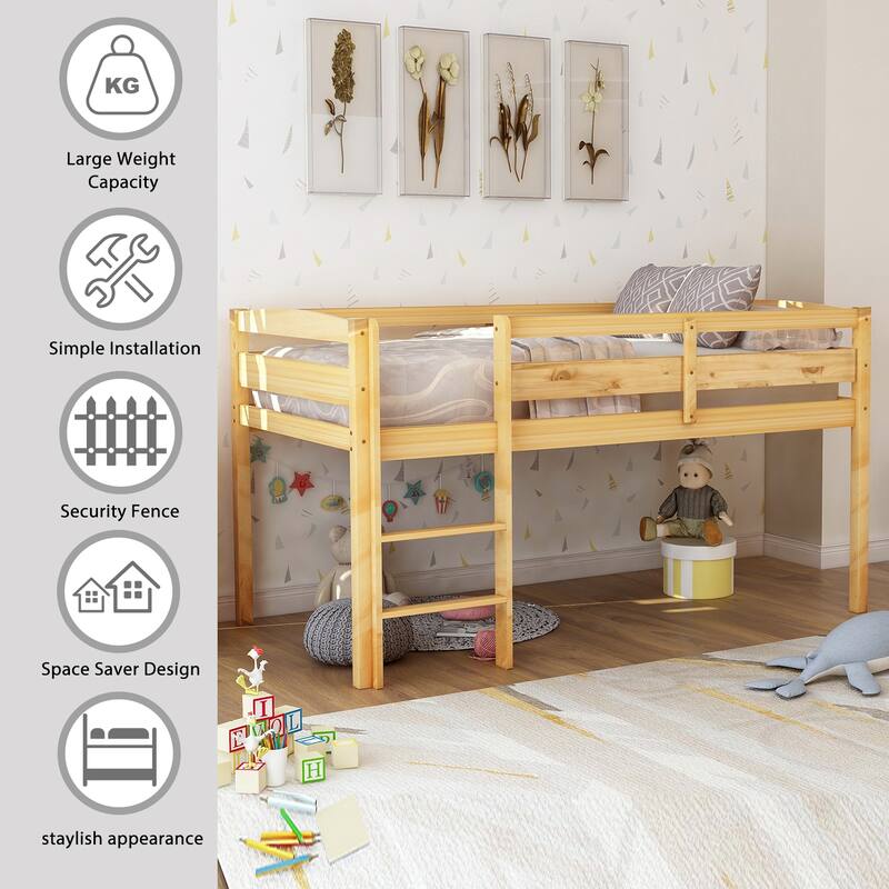 Twin Size Loft Bed with Ladder, Twin Bed Frame for Kids, Boys, Girls, Solid Wood Low Loft Bed Frame with Full-Length Guardrails
