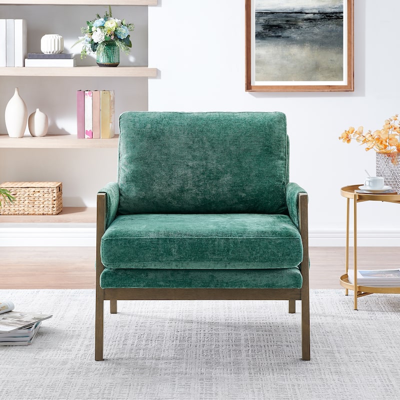 Green Mid-Century Modern 35.4" Velvet Arm Chair with Solid Rubber Wood Frame and Padded Feet - Green