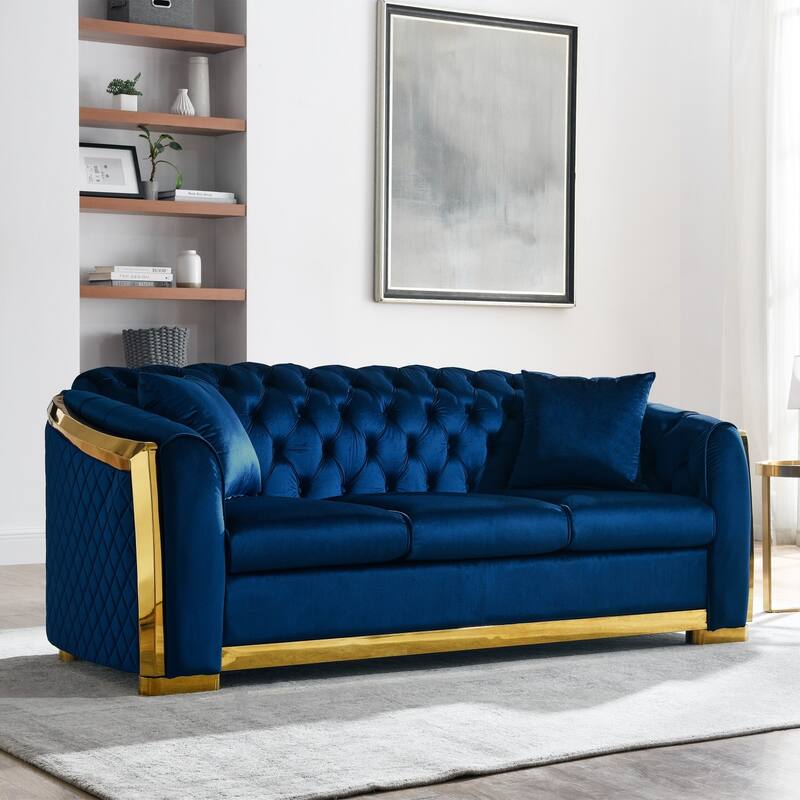 84" 3-Seater Velvet Button Tufted Sofa with Gold Steel Decoration