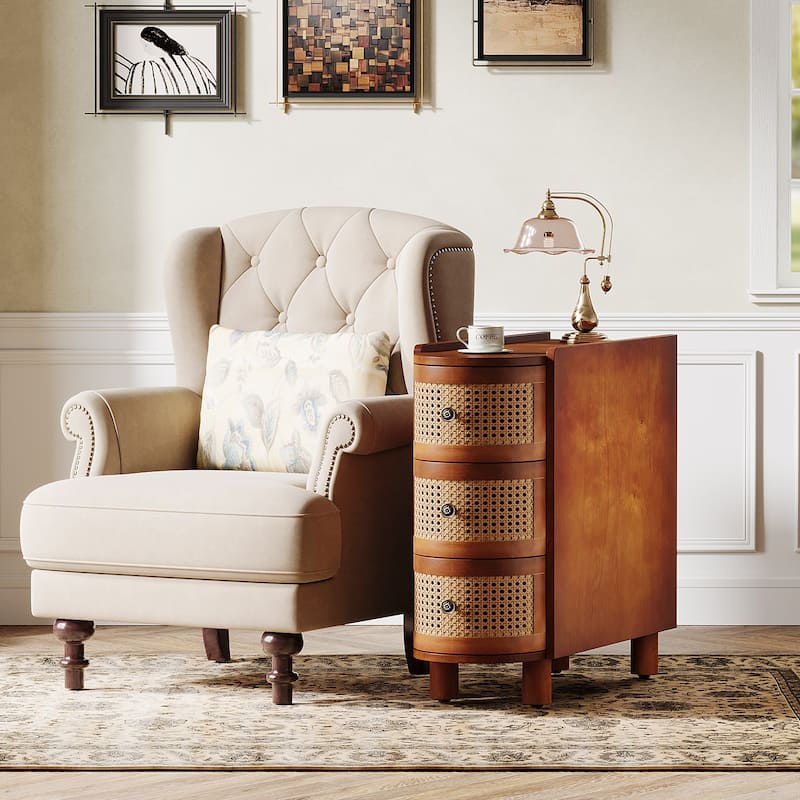 3-Drawer Solid Wood End Side Table Rattan Nightstand Bedside Table