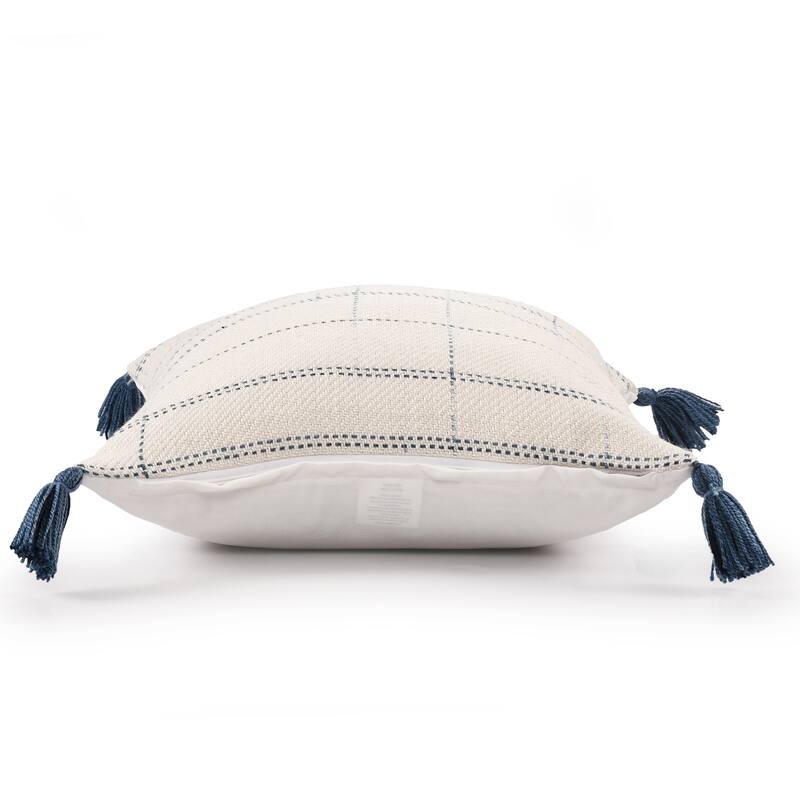 Sevita Hand-Woven Medium Ivory/Blue Geometric Polyester Indoor/Outdoor Throw Pillow
