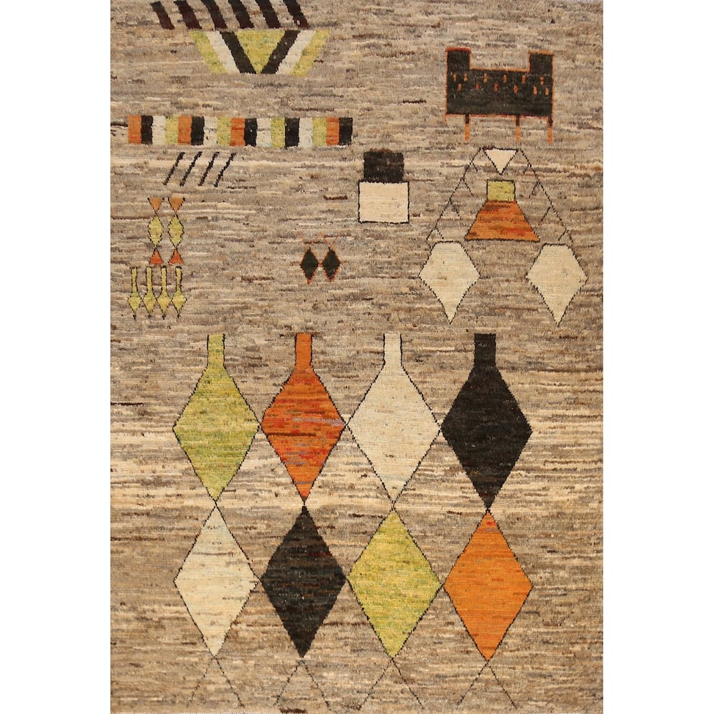 Geometric Beige Moroccan Oriental Area Rug Handmade Wool Carpet - 7'1" x 9'5"