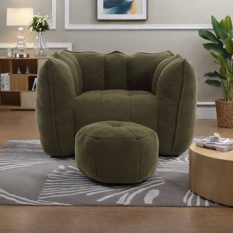 Chenille Bean Bag Chair Sets with Footstool and High-Resilience Foam - Olive Green