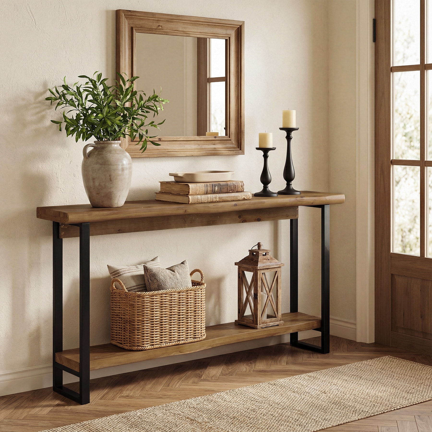 63-Inch Solid Wood Console Tables for Entryway, 2-Tier Live-Edge Farmhouse Narrow Long Sofa Table
