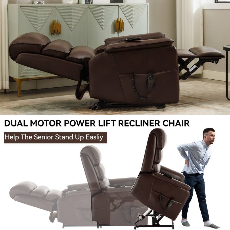 Dual Motor Power Lift Recliner Chair for Elderly, Leatheraire Lay Flat Lift Recliner Chair with Power-Remote, Heat and Massage