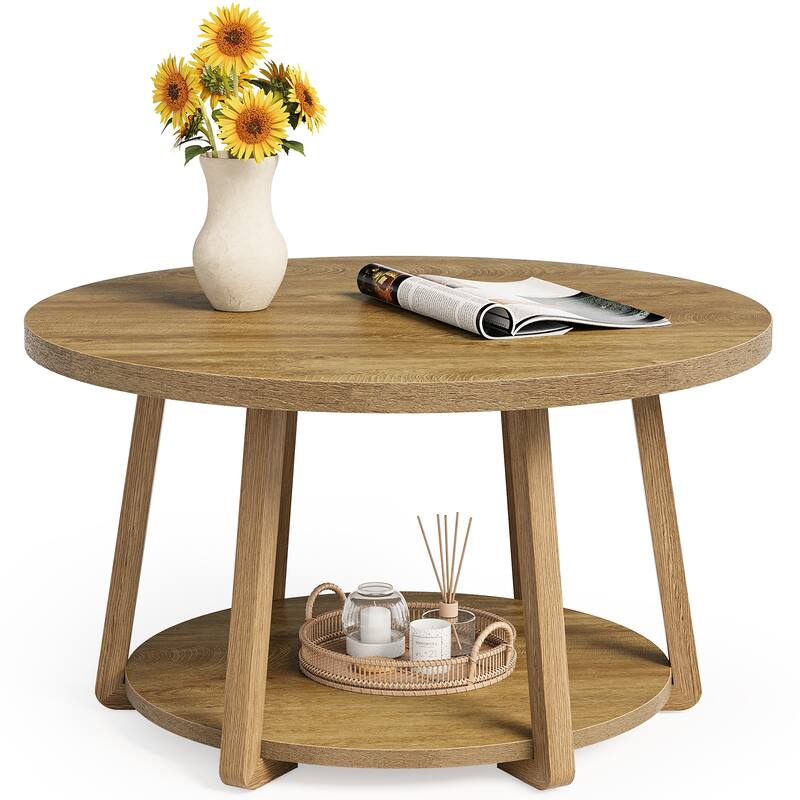 2-Tier Round Coffee Table with Storage, Wood Center Table, Side Table for Living Room, Bedroom