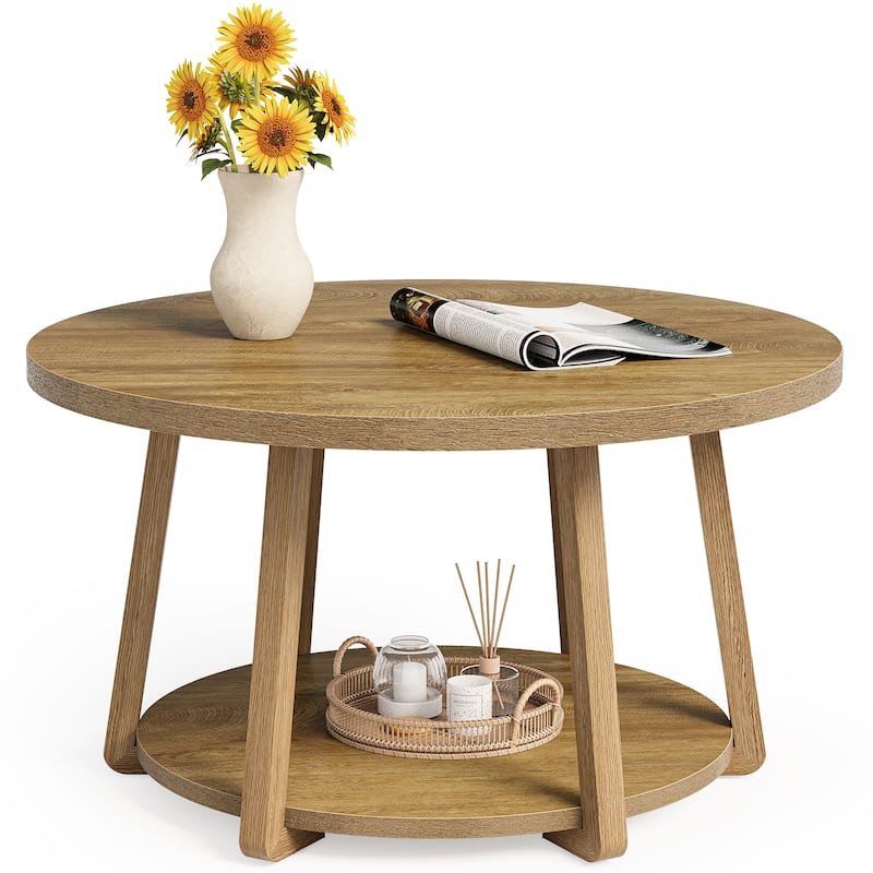 Round Coffee Table, 2-Tier Center Table with Storage, Wooden Legs