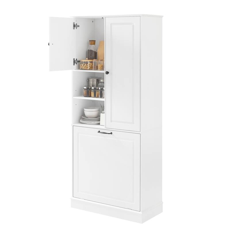 Roomfitters 67" Tall Storage Cabinet with Flip-Out Basket & Adjustable Shelves, MDF Linen Tower for Bathroom & Office