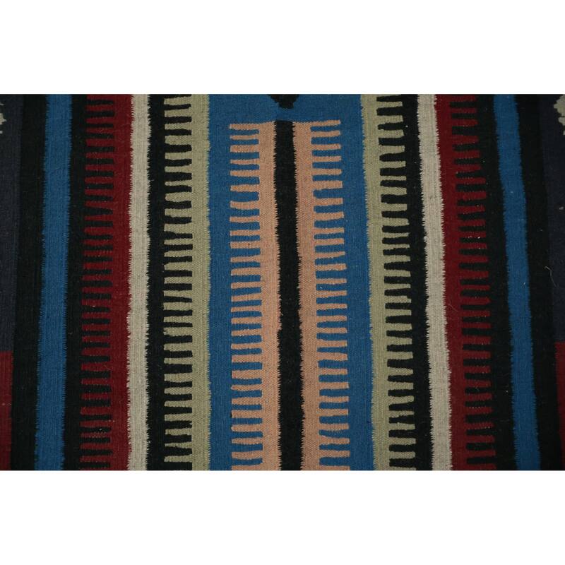 Hand Woven Oriental 100% Wool Carpet Southwestern Tribal Navy Blue & Blues Kilim Area Rug - 9' 11'' X 5' 3''