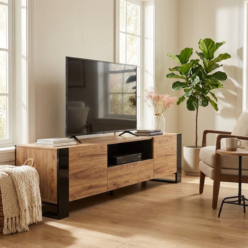 Meble Furniture Woody 71" Modern High Gloss TV Stand with Storage - Fits TVs up to 75" - European Made for up to 80" TVs