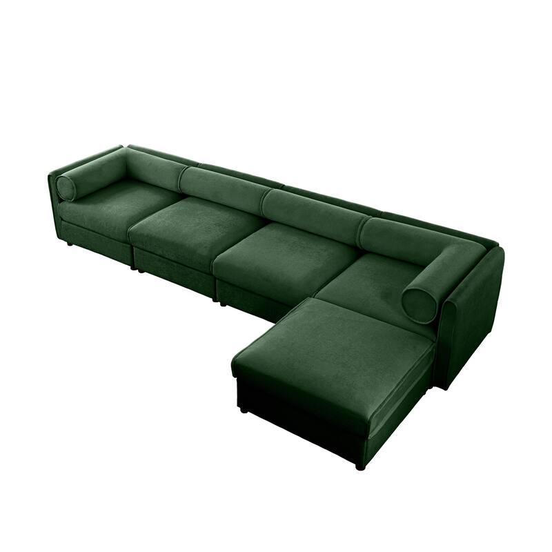 142.5" Chenille L-Shaped Sectional Sofa with Storage & Round Back