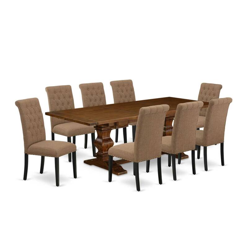 Victorian Dining Set - 9 Piece Table & Chair Set - Antique Walnut & Black Finish - Linen Fabric Chairs - 92