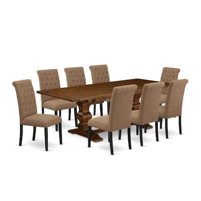 Victorian Dining Set - 9 Piece Table & Chair Set - Antique Walnut & Black Finish - Linen Fabric Chairs - 92