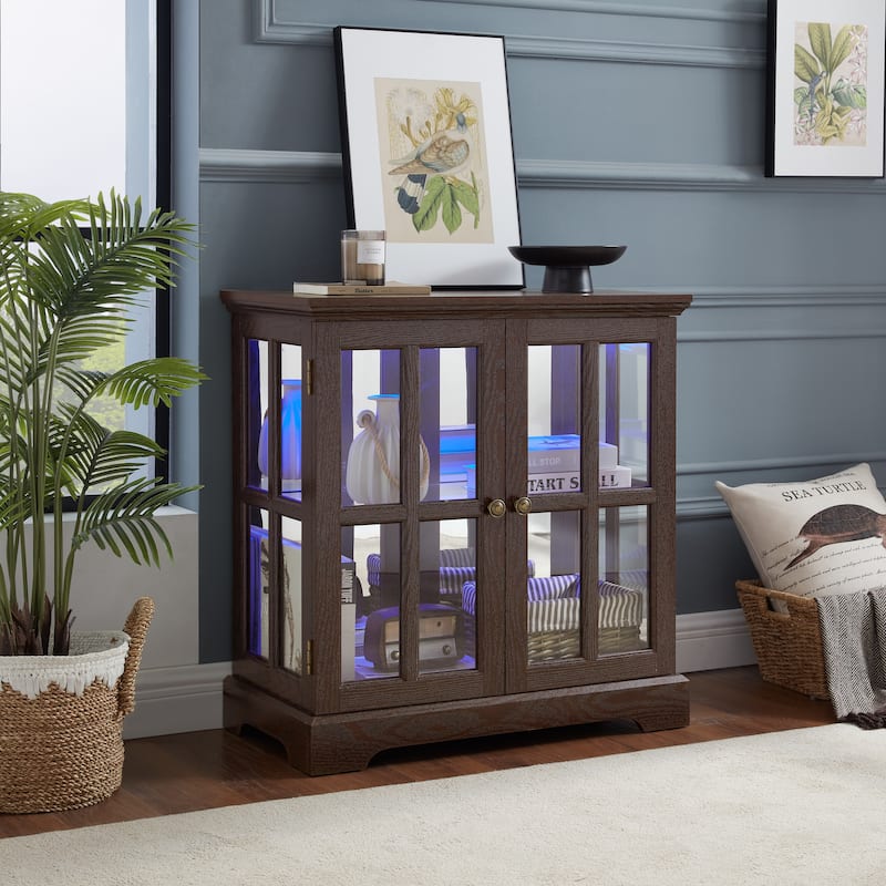 LED Curio Display Cabinet,Antique Display Cabinet with Adjustable Shelves,Retro Design Quality Showcase with Lattice Doors - Cherry